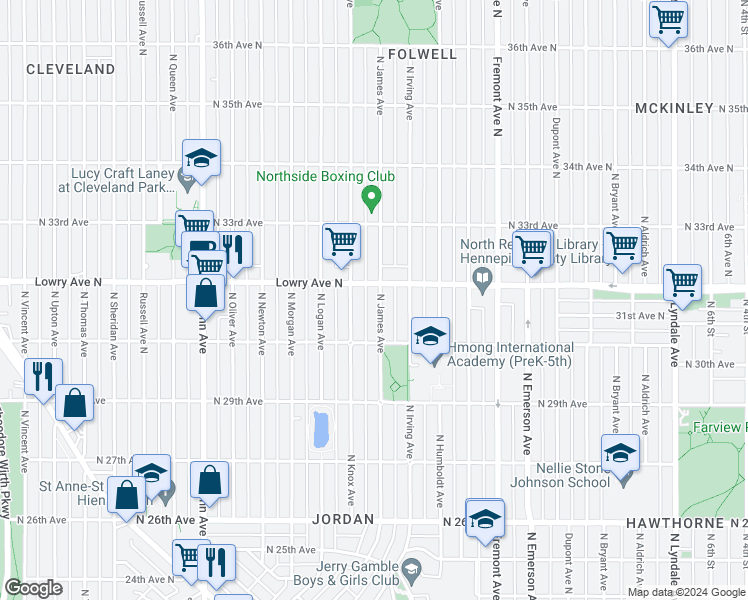 map of restaurants, bars, coffee shops, grocery stores, and more near 3016 North Knox Avenue in Minneapolis