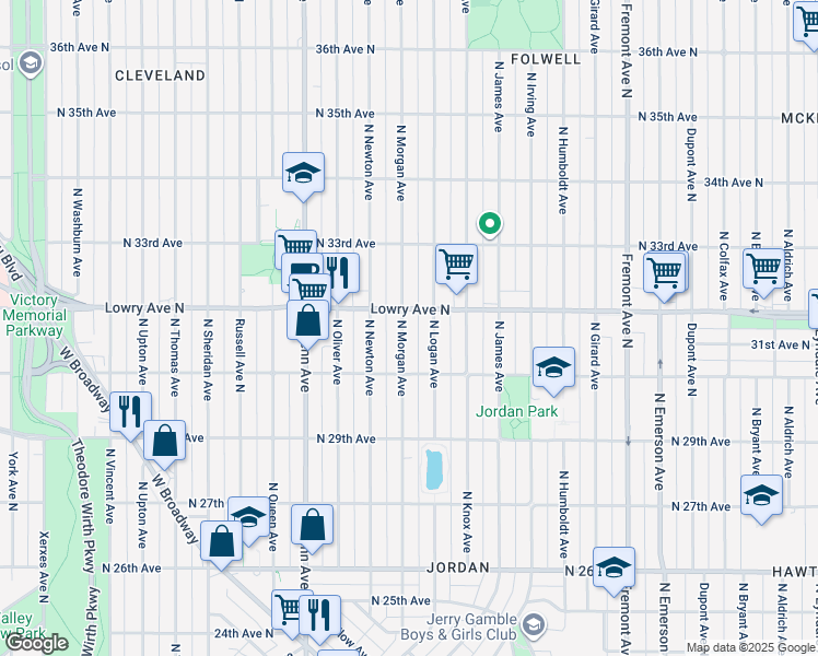 map of restaurants, bars, coffee shops, grocery stores, and more near 3019 North Morgan Avenue in Minneapolis