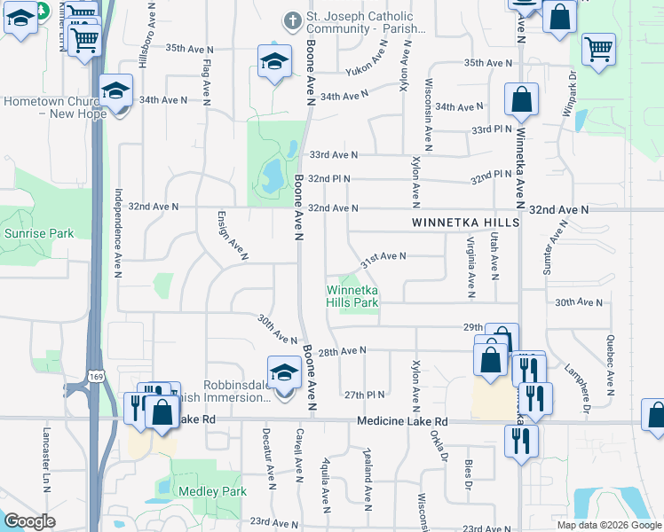 map of restaurants, bars, coffee shops, grocery stores, and more near 3013 Aquila Avenue North in Minneapolis