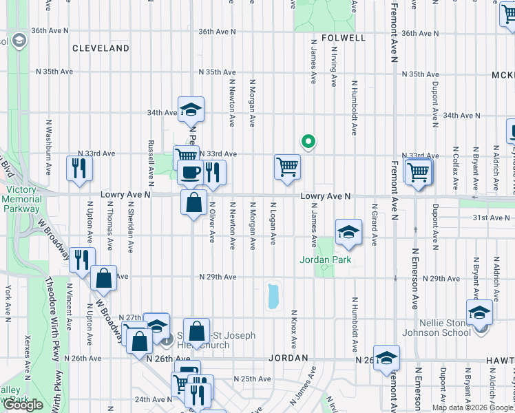 map of restaurants, bars, coffee shops, grocery stores, and more near 3019 North Morgan Avenue in Minneapolis