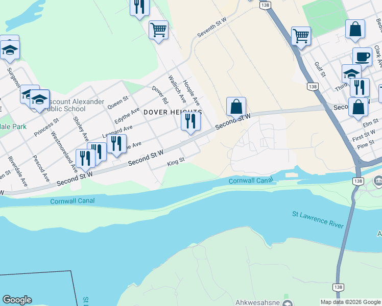 map of restaurants, bars, coffee shops, grocery stores, and more near 4 King Street in Cornwall