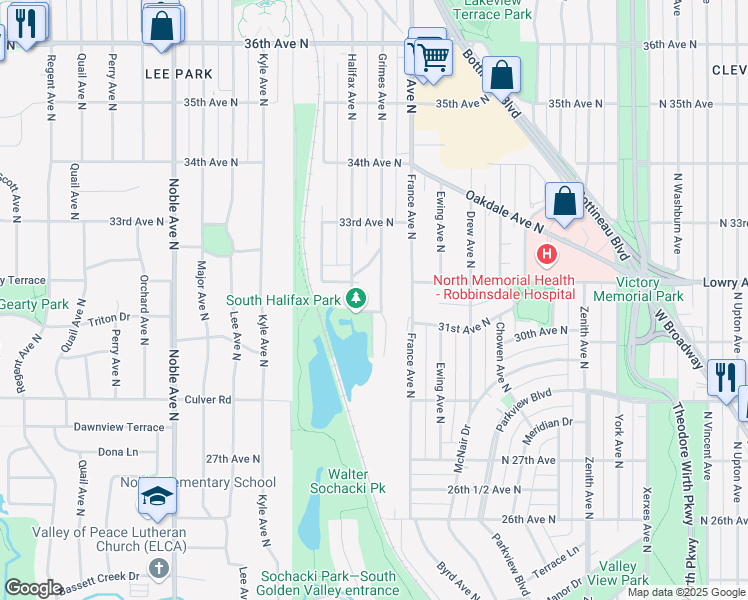 map of restaurants, bars, coffee shops, grocery stores, and more near 3133 Grimes Avenue North in Minneapolis
