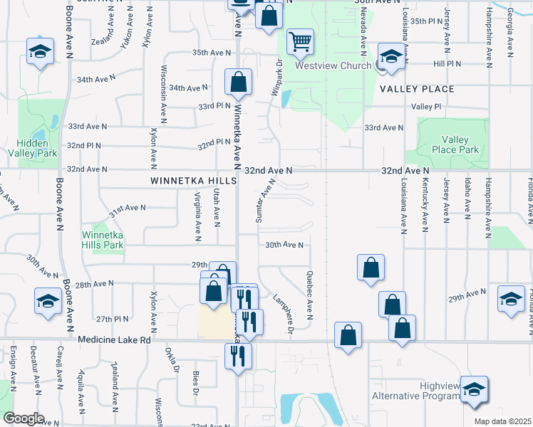 map of restaurants, bars, coffee shops, grocery stores, and more near 3060 Sumter Avenue North in Minneapolis