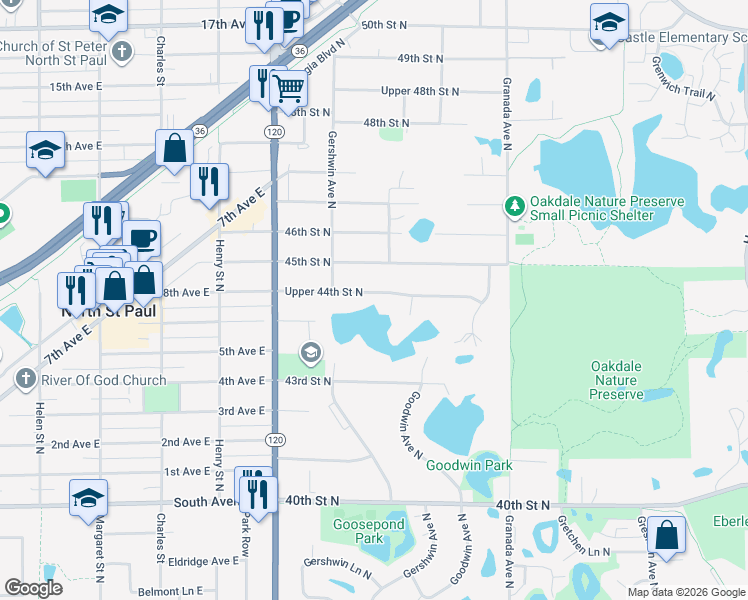 map of restaurants, bars, coffee shops, grocery stores, and more near 6205 45th Street North in Oakdale