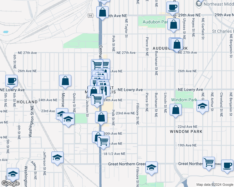 map of restaurants, bars, coffee shops, grocery stores, and more near 1021 Northeast Lowry Avenue in Minneapolis