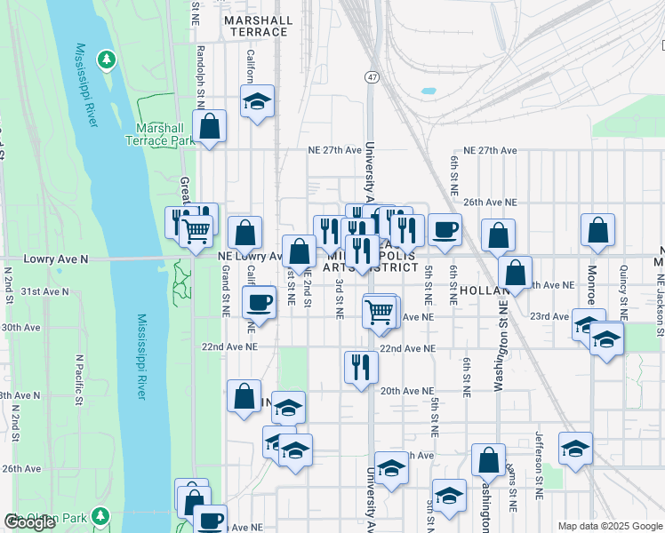 map of restaurants, bars, coffee shops, grocery stores, and more near 215 Northeast Lowry Avenue in Minneapolis