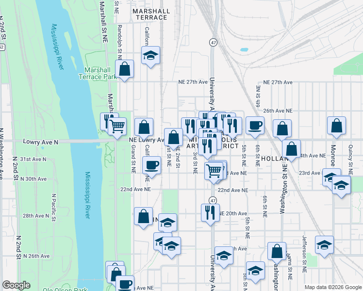 map of restaurants, bars, coffee shops, grocery stores, and more near 215 Northeast Lowry Avenue in Minneapolis