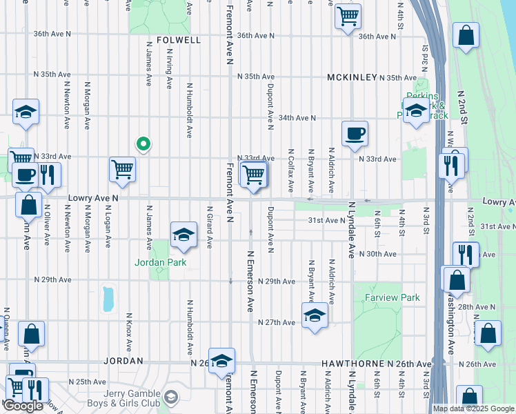 map of restaurants, bars, coffee shops, grocery stores, and more near in Minneapolis