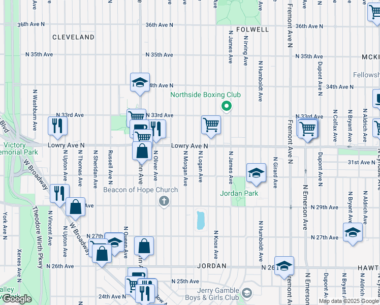 map of restaurants, bars, coffee shops, grocery stores, and more near 3200 North Morgan Avenue in Minneapolis