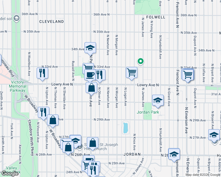 map of restaurants, bars, coffee shops, grocery stores, and more near 2104 Lowry Avenue North in Minneapolis