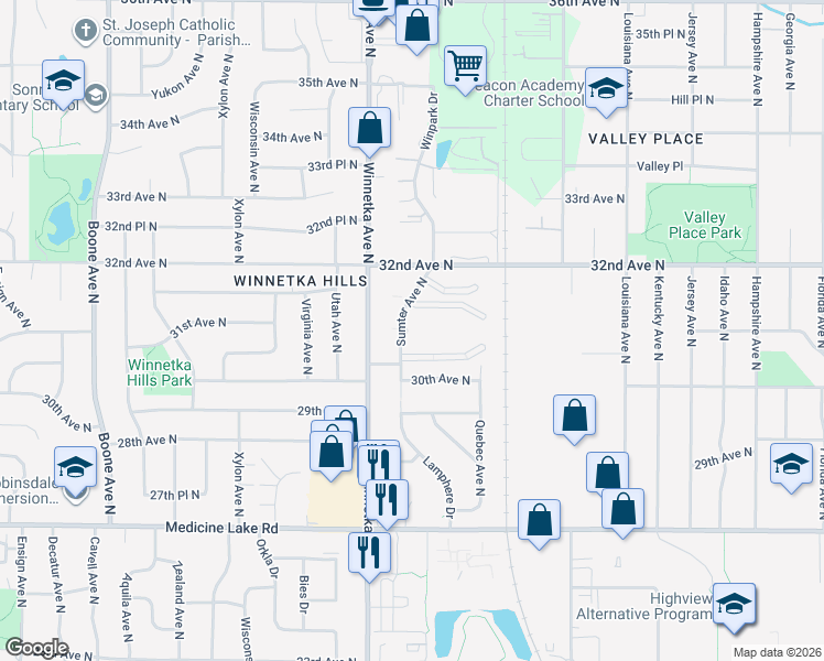 map of restaurants, bars, coffee shops, grocery stores, and more near 3060 Sumter Avenue North in Minneapolis