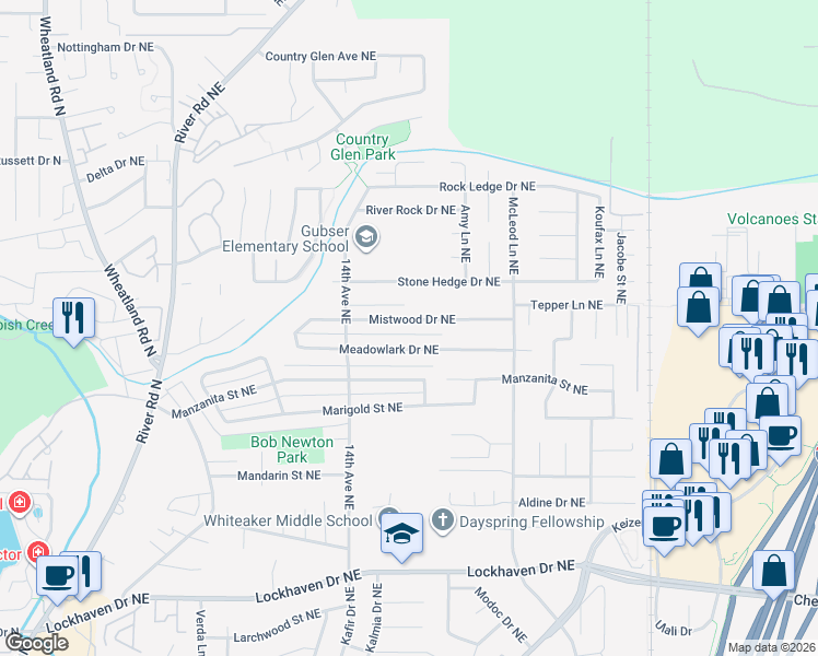 map of restaurants, bars, coffee shops, grocery stores, and more near 1628 Mistwood Drive Northeast in Keizer