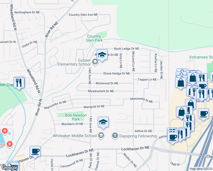 map of restaurants, bars, coffee shops, grocery stores, and more near 1628 Mistwood Drive Northeast in Keizer