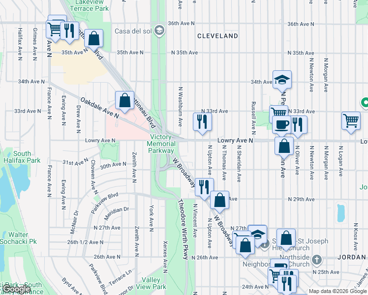 map of restaurants, bars, coffee shops, grocery stores, and more near 3120 Washburn Avenue North in Minneapolis