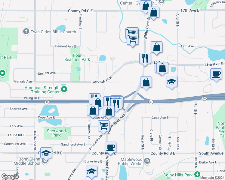 map of restaurants, bars, coffee shops, grocery stores, and more near 1810 Gervais Court in Saint Paul