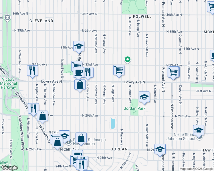 map of restaurants, bars, coffee shops, grocery stores, and more near 3200 North Morgan Avenue in Minneapolis