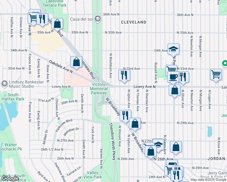 map of restaurants, bars, coffee shops, grocery stores, and more near 3120 Washburn Avenue North in Minneapolis