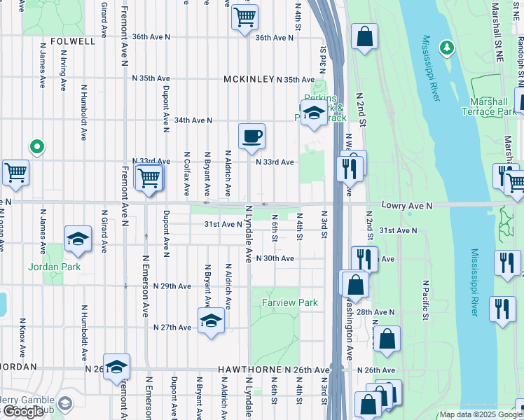 map of restaurants, bars, coffee shops, grocery stores, and more near 617 Lowry Avenue North in Minneapolis