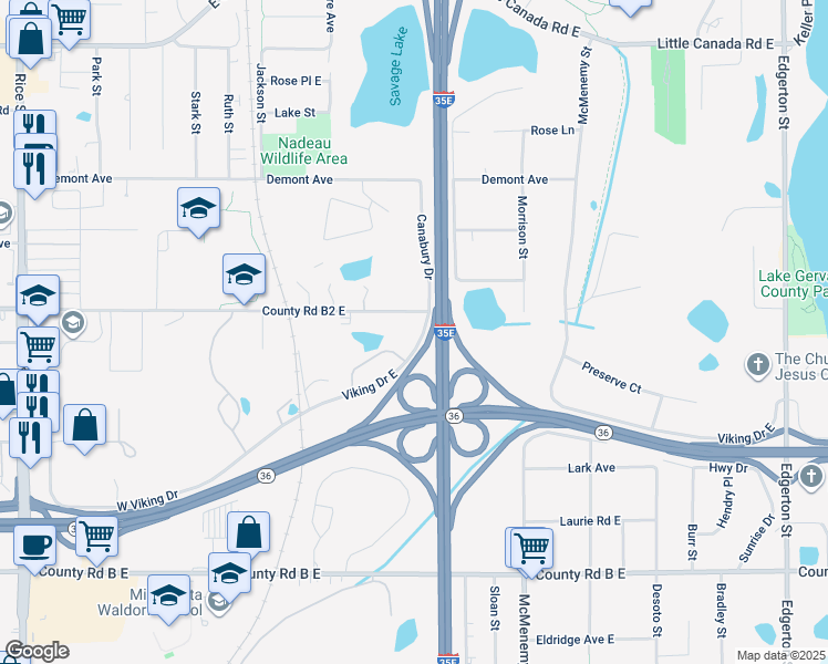 map of restaurants, bars, coffee shops, grocery stores, and more near 235 County Road B2 East in Saint Paul