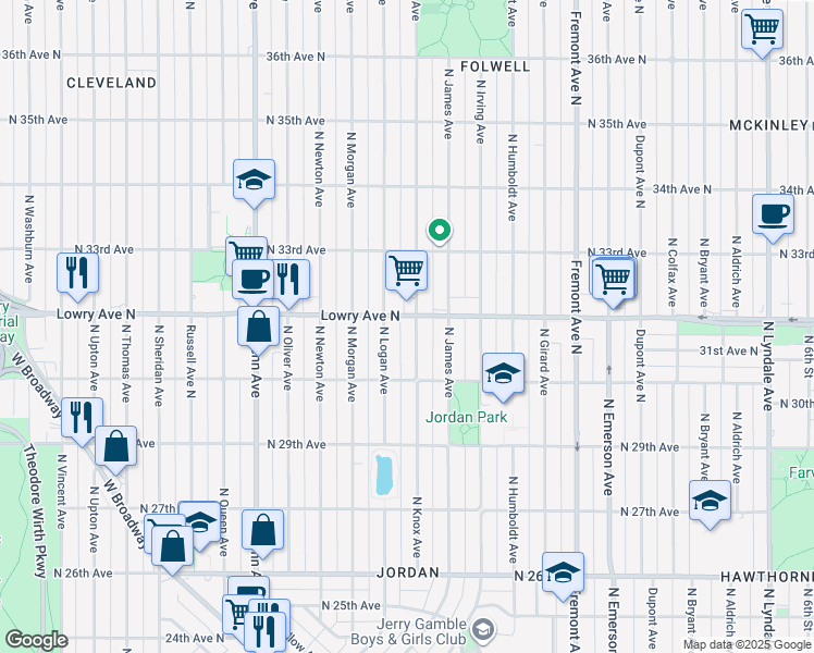 map of restaurants, bars, coffee shops, grocery stores, and more near 1818 Lowry Avenue North in Minneapolis