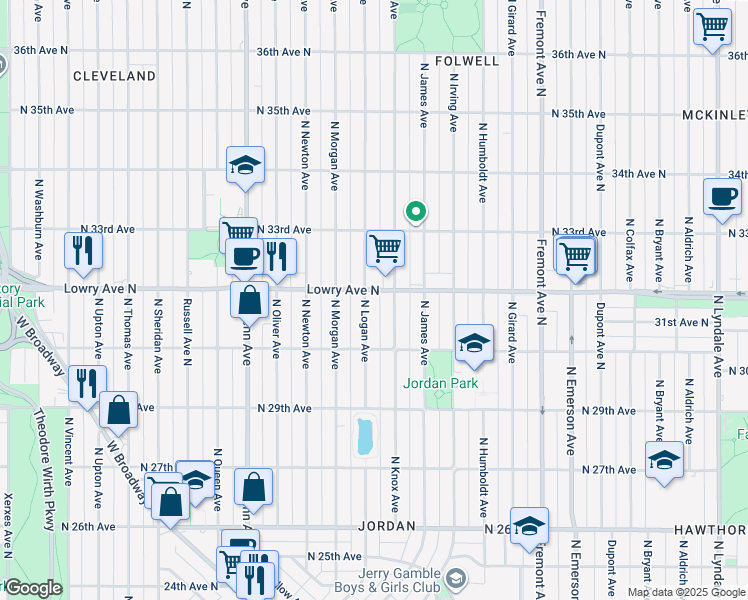 map of restaurants, bars, coffee shops, grocery stores, and more near 1818 Lowry Avenue North in Minneapolis