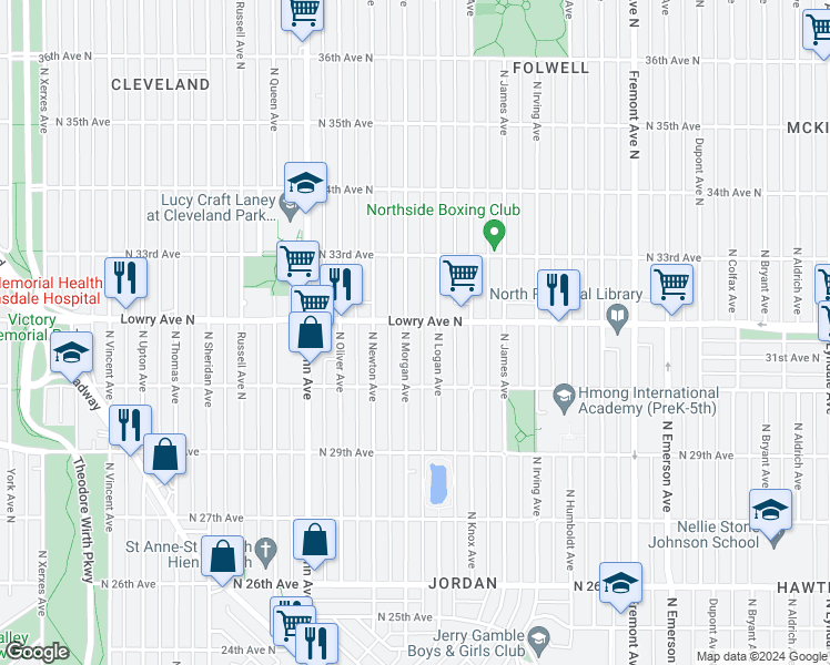 map of restaurants, bars, coffee shops, grocery stores, and more near 3200 North Morgan Avenue in Minneapolis