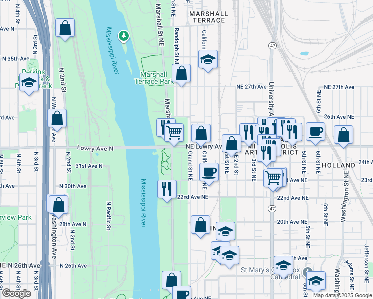 map of restaurants, bars, coffee shops, grocery stores, and more near 38 Northeast Lowry Avenue in Minneapolis