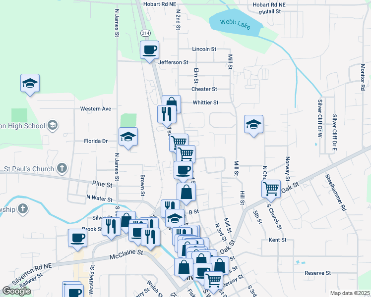 map of restaurants, bars, coffee shops, grocery stores, and more near 951 North 2nd Street in Silverton