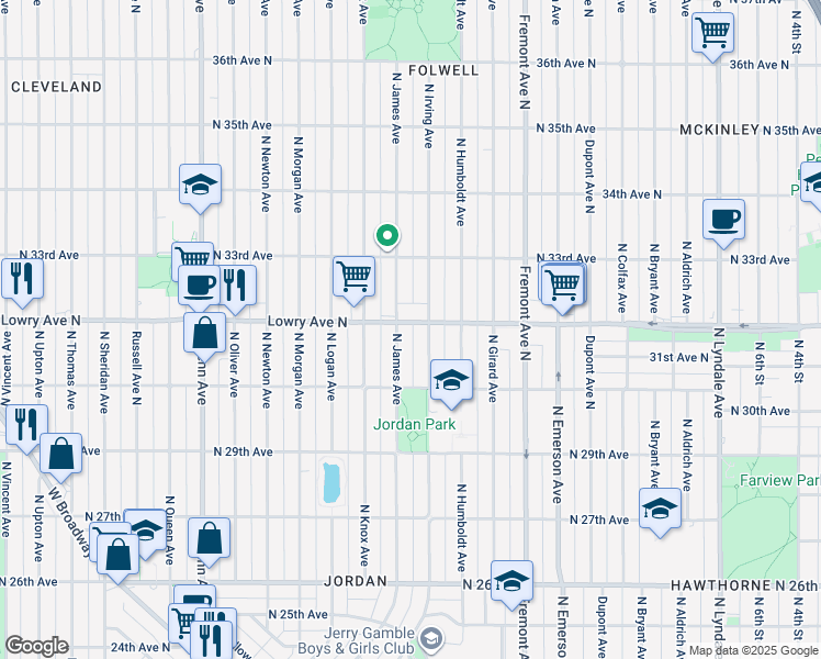 map of restaurants, bars, coffee shops, grocery stores, and more near 1615 Lowry Avenue North in Minneapolis