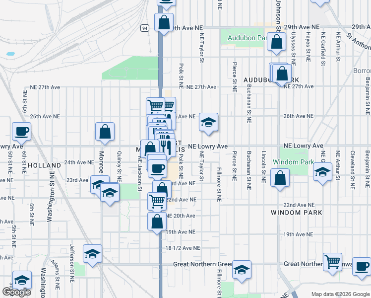 map of restaurants, bars, coffee shops, grocery stores, and more near 1021 Northeast Lowry Avenue in Minneapolis