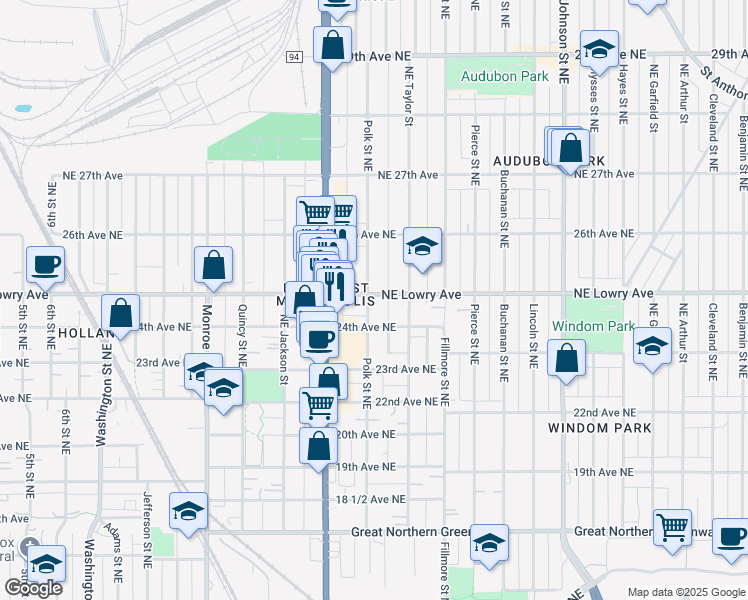 map of restaurants, bars, coffee shops, grocery stores, and more near 951 Northeast Lowry Avenue in Minneapolis