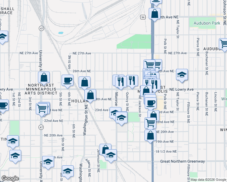 map of restaurants, bars, coffee shops, grocery stores, and more near 2501 Northeast Howard Street in Minneapolis