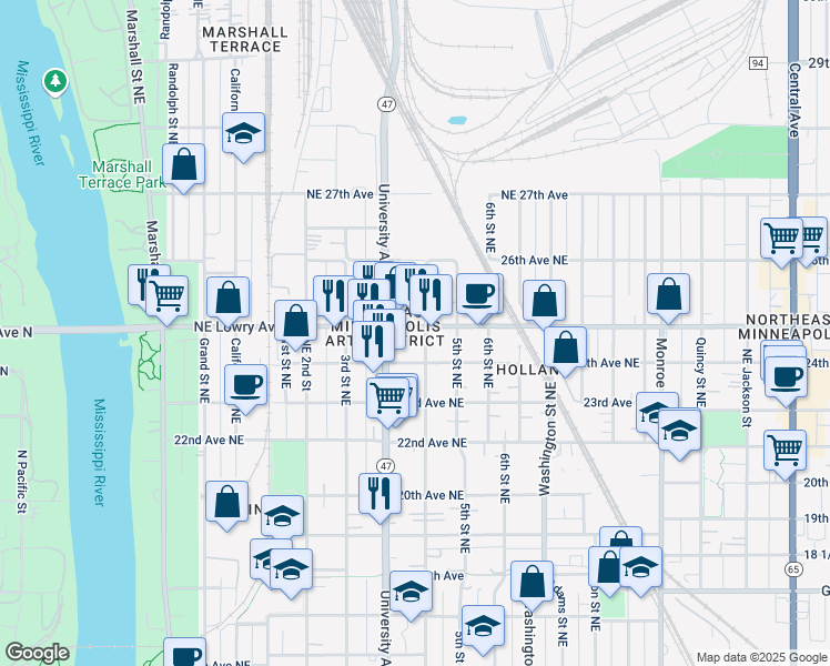 map of restaurants, bars, coffee shops, grocery stores, and more near in Minneapolis