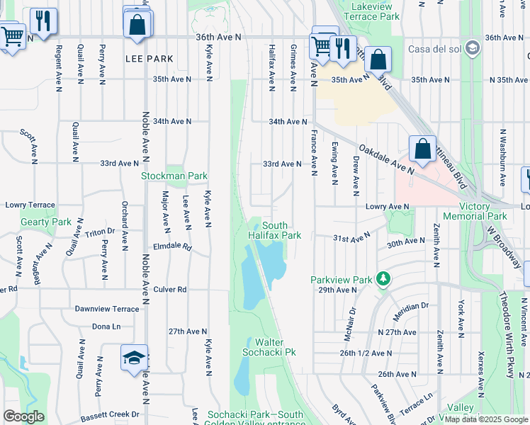map of restaurants, bars, coffee shops, grocery stores, and more near 3201 Halifax Avenue North in Minneapolis