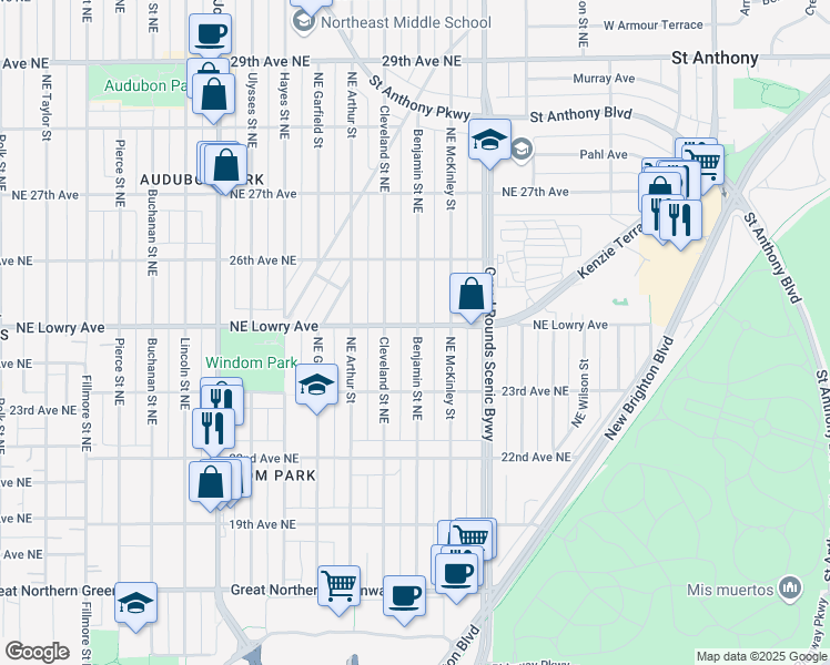 map of restaurants, bars, coffee shops, grocery stores, and more near 2354 Northeast Benjamin Street in Minneapolis