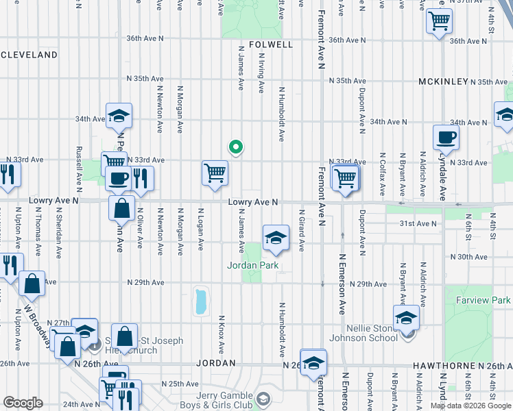 map of restaurants, bars, coffee shops, grocery stores, and more near 1610 Lowry Avenue North in Minneapolis