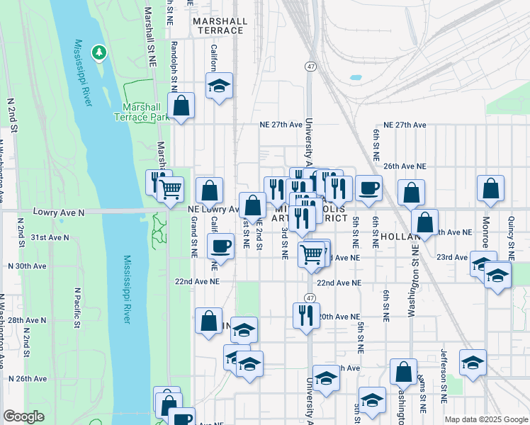 map of restaurants, bars, coffee shops, grocery stores, and more near 215 Northeast Lowry Avenue in Minneapolis