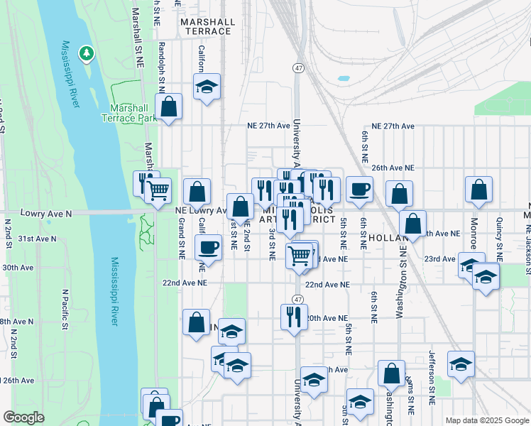 map of restaurants, bars, coffee shops, grocery stores, and more near 215 Northeast Lowry Avenue in Minneapolis