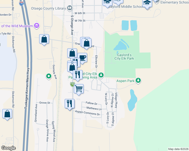 map of restaurants, bars, coffee shops, grocery stores, and more near 900 Park Meadow Drive in Gaylord