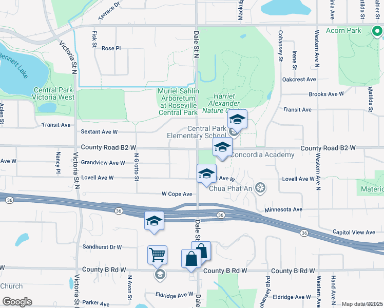 map of restaurants, bars, coffee shops, grocery stores, and more near 611 County Road B2 West in Roseville