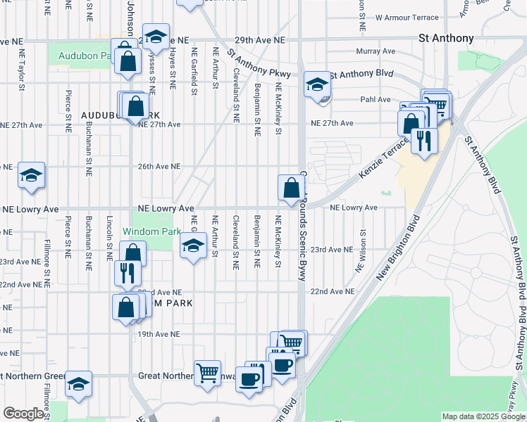 map of restaurants, bars, coffee shops, grocery stores, and more near 2506 Northeast Benjamin Street in Minneapolis
