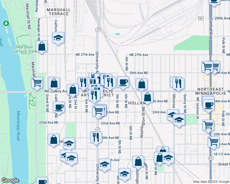 map of restaurants, bars, coffee shops, grocery stores, and more near 5th Street Northeast in Minneapolis