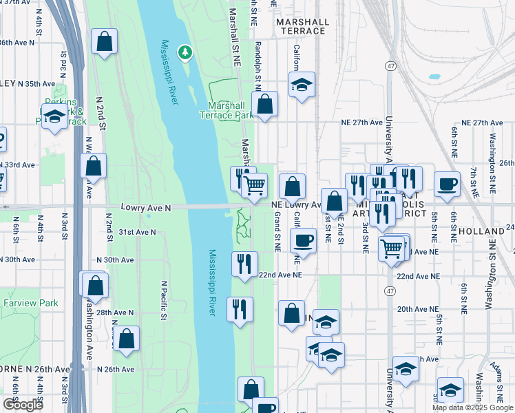 map of restaurants, bars, coffee shops, grocery stores, and more near 2501 Marshall Street Northeast in Minneapolis
