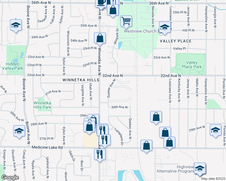 map of restaurants, bars, coffee shops, grocery stores, and more near 3060 Sumter Avenue North in Minneapolis