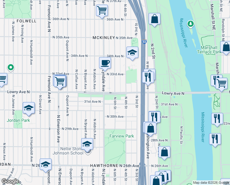 map of restaurants, bars, coffee shops, grocery stores, and more near N Lowry Ave & N 6th St in Minneapolis