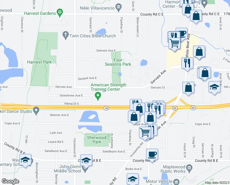 map of restaurants, bars, coffee shops, grocery stores, and more near 1686 Gervais Avenue in Saint Paul