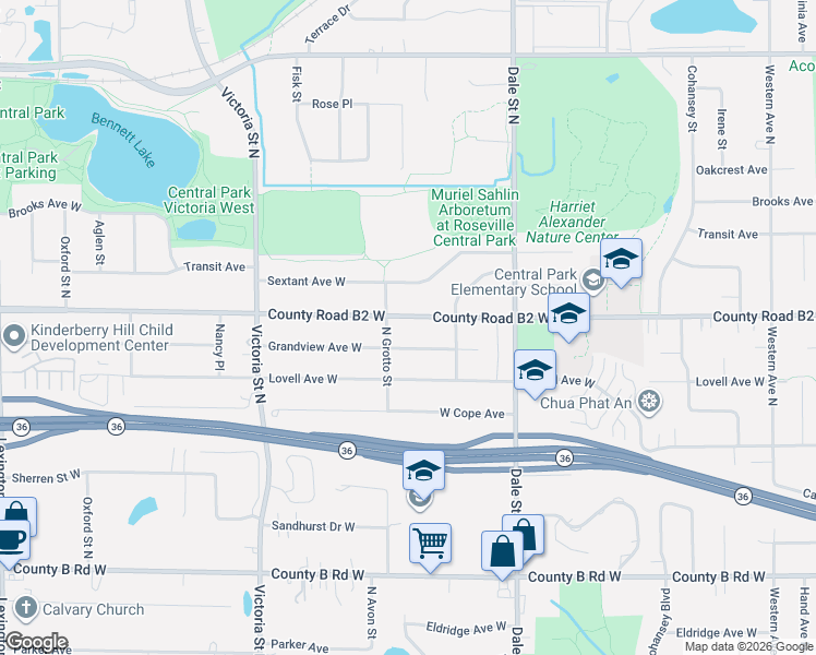 map of restaurants, bars, coffee shops, grocery stores, and more near 721 County Road B2 West in Roseville