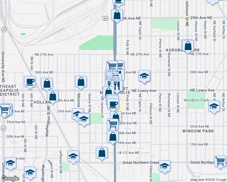 map of restaurants, bars, coffee shops, grocery stores, and more near in Minneapolis