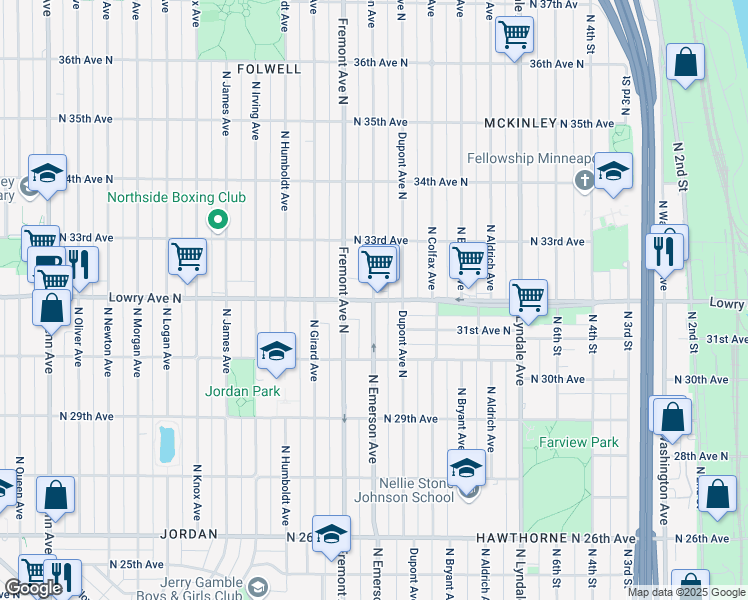 map of restaurants, bars, coffee shops, grocery stores, and more near 3200 Emerson Avenue North in Minneapolis