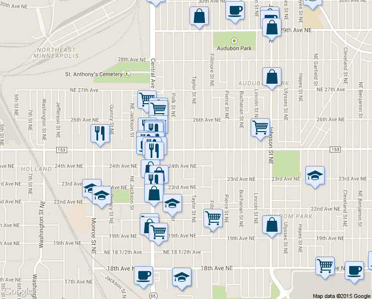 map of restaurants, bars, coffee shops, grocery stores, and more near 1021 Northeast Lowry Avenue in Minneapolis